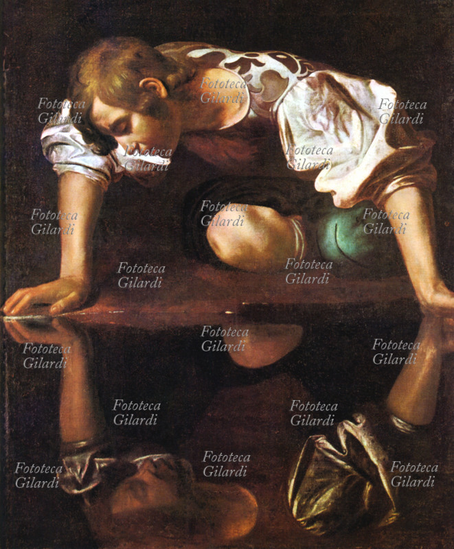 NARCISO, personaggio della mitologia greca, nella reinterpretazione rinascimentale attribuita a Michelangelo Merisi (29 settembre 1571 – 8 luglio 1610) detto Caravaggio. Dipinto, Italia, 1597-99.