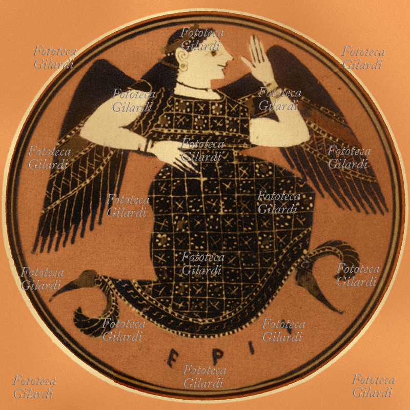 ERIS figura della mitologia greca, personificazione della discordia. Stampa che riporta la decorazione di vaso ateniese 575-525 a. C. circa.