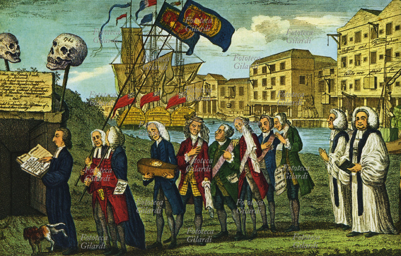 U.S.A. 1766 I funerali dello Stamp Act. Caricatura nella quale dopo l\