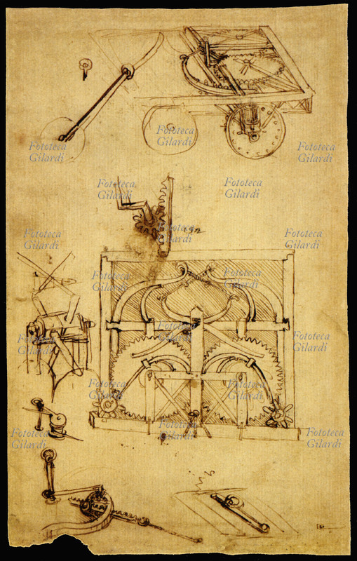 LEONARDO DA VINCI (1452-1519) disegno a matita raffigurante un prototipo di automobile. Cod. Atlantico 812