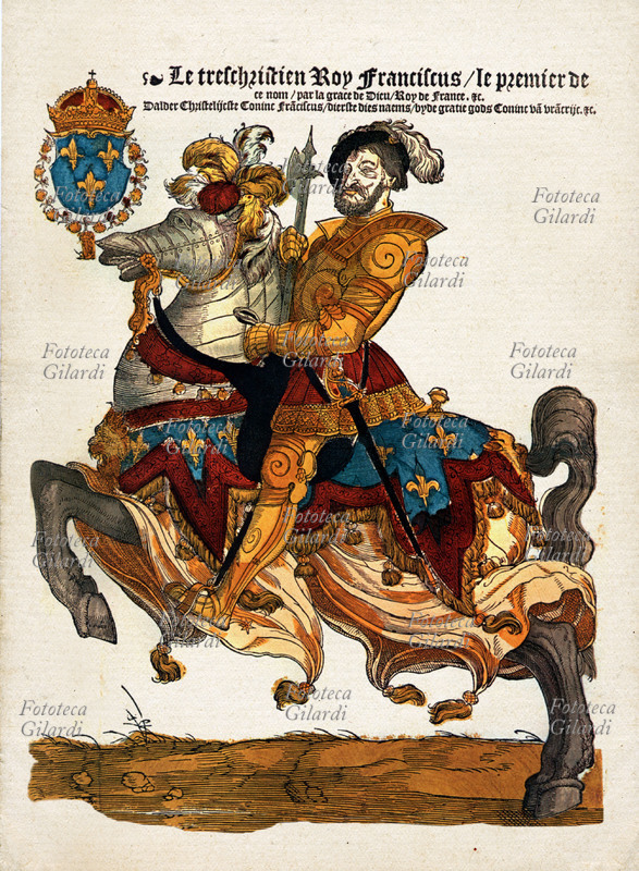 FRANCESCO I di Valois (1494-1547) re di Francia. Ritratto equestre. Xilografia colorata di Cornelis Anthonisz, (1499-1555)