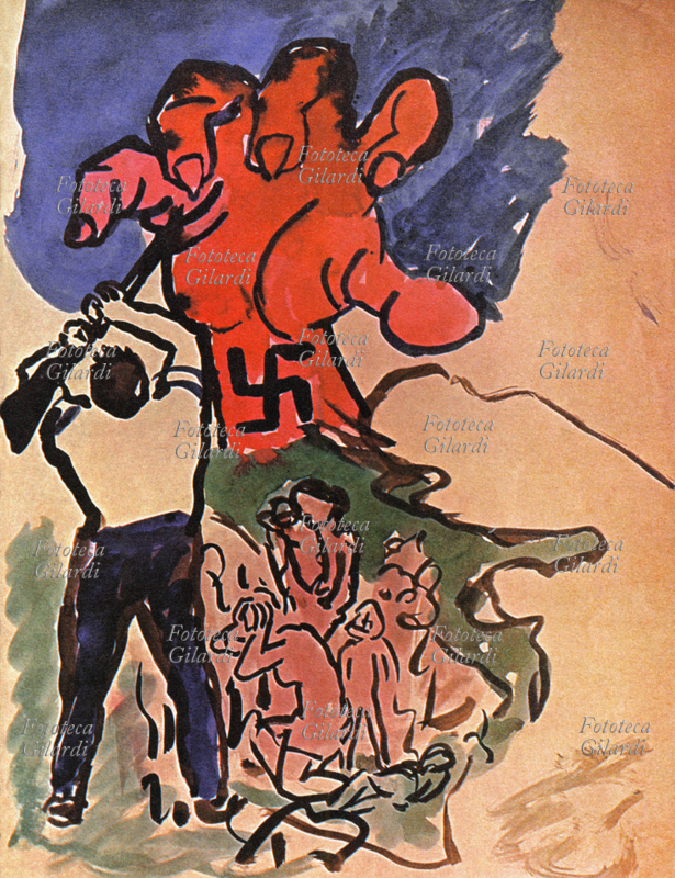RESISTENZA Stampa con disegno allegorico di Renato Guttuso (26 dicembre 1911 – 18 gennaio 1987) sulla resistenza italiana contro i tedeschi e le loro atroci rappresaglie. Italia 1944 - 1945 © Renato Guttuso / opera sotto tutela SIAE per assolvere il copyright in Italia rivolgersi a: SIAE licenze arti visive