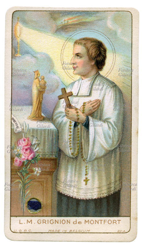 Beato Luigi Maria GRIGNION de Montfort (31 gennaio 1673 – 28 aprile 1716) insegna ai bambini. Presbitero francese, fondatore della Compagnia di Maria e delle Figlie della Sapienza, fu beatificato il 22 gennaio 1888 da Leone XIII e canonizzato il 20 luglio 1947 da Pio XII; il 9 febbraio 2000 Giovanni Paolo II ha aperto una causa per la sua proclamazione a Dottore della Chiesa. Ricorrenza 28 aprile. Immaginetta cromolitografica con frammento di reliquia in panno, Belgio fine del XIX secolo
