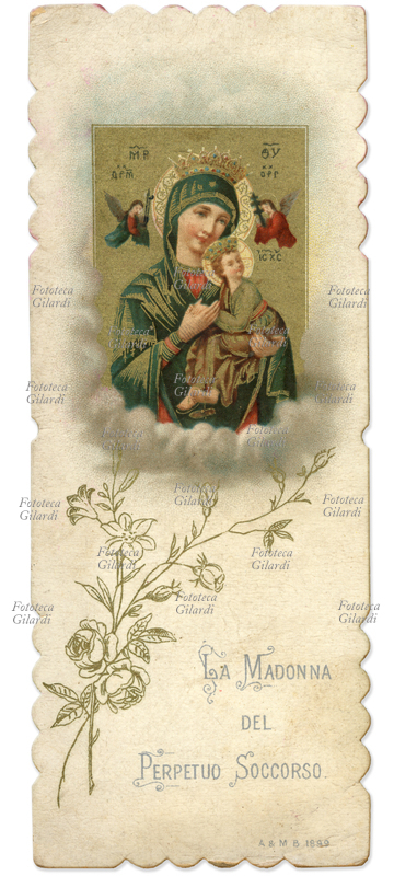 MADONNA DEL PERPETUO SOCCORSO con Gesù Bambino.Immaginetta cromolitografica, (con oro) bordo fustellato. 1900 ca.