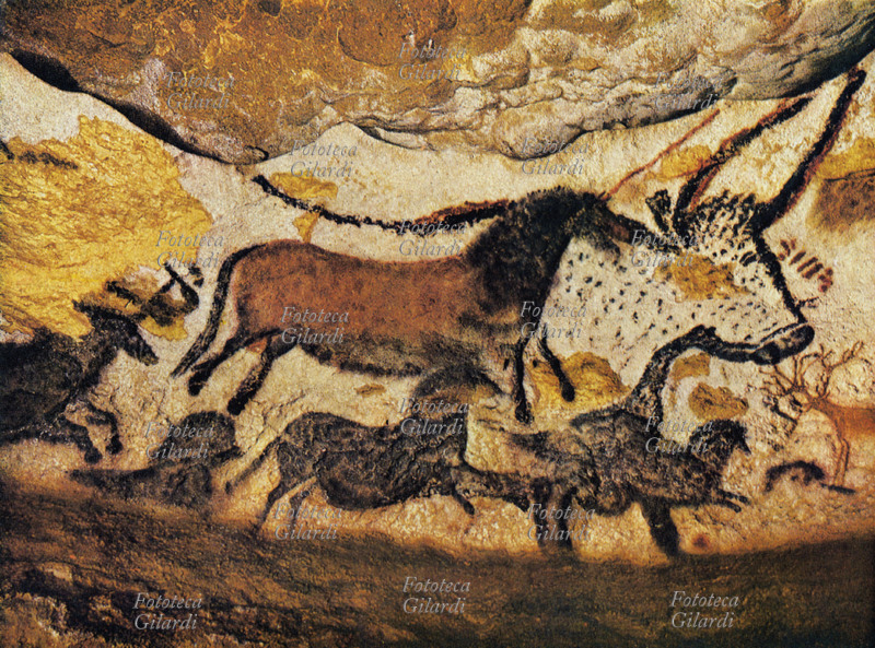 PREISTORIA toro, cavallo rosso e cavalli bruni. Pitture rupestri nella sala grande, parete sinistra, delle Grotte di Lascaux Francia, approssimativamente 15500 a.C.