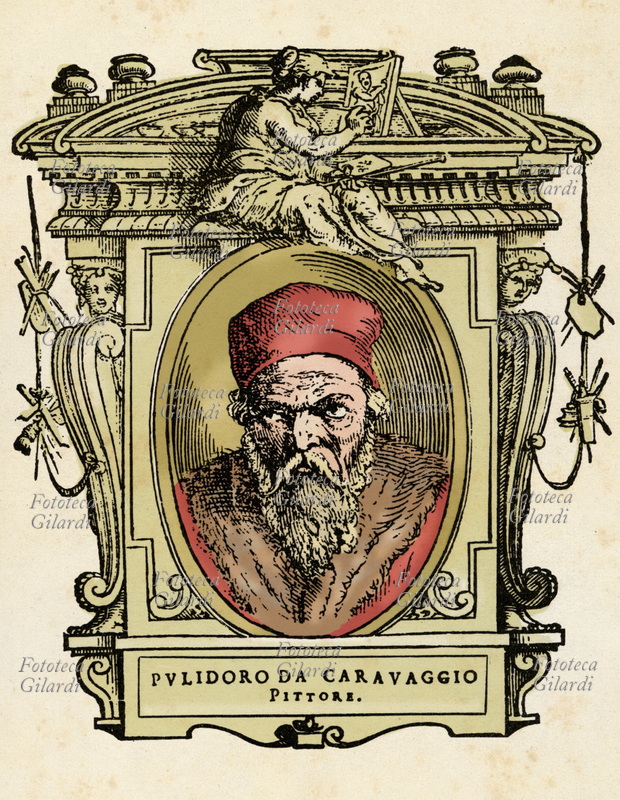 POLIDORO DA CARAVAGGIO (1499/1500 circa - 1543 circa), nome col quale è meglio noto Polidoro Caldara, pittore italiano. Dopo gli esordi a Roma nella bottega di Raffaello, operò a Napoli e infine a Messina. Il ritratto in ovale è racchiuso in una cornice decorata con figure allegoriche e strumenti delle arti. Illustrazione colorizzata su base xilografica del XVI secolo, dal trattato \