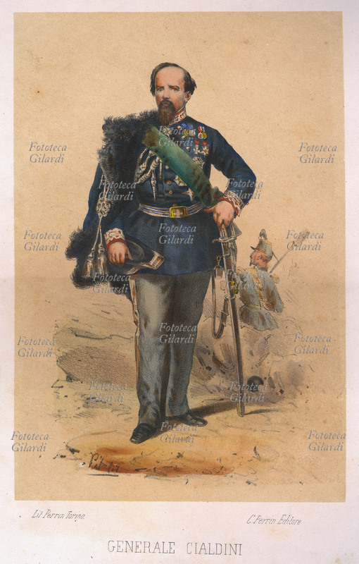 Enrico CIALDINI (8 agosto 1811 - 8 settembre 1892) generale. Ritratto a figura intera. Partecipò alla guerra di Crimea (1855); sconfisse le truppe pontificie a Castelfidardo (1860) e i borbonici a Gaeta; nel 1862 fermò Garibaldi sull\