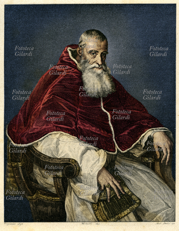 PAPA PAOLO III (29 febbraio 1468 – 10 novembre 1549), al secolo Alessandro Farnese, nato a Roma, eletto nel 1534. Creato cardinale da Alessandro VI nel 1493, a soli 25 anni, fra il 1500 e il 1509 ebbe una relazione che gli diede quattro figli illegittimi, poi legittimati. Nel 1538 scomunicò Enrico VIII, determinando la scissione della Chiesa d\