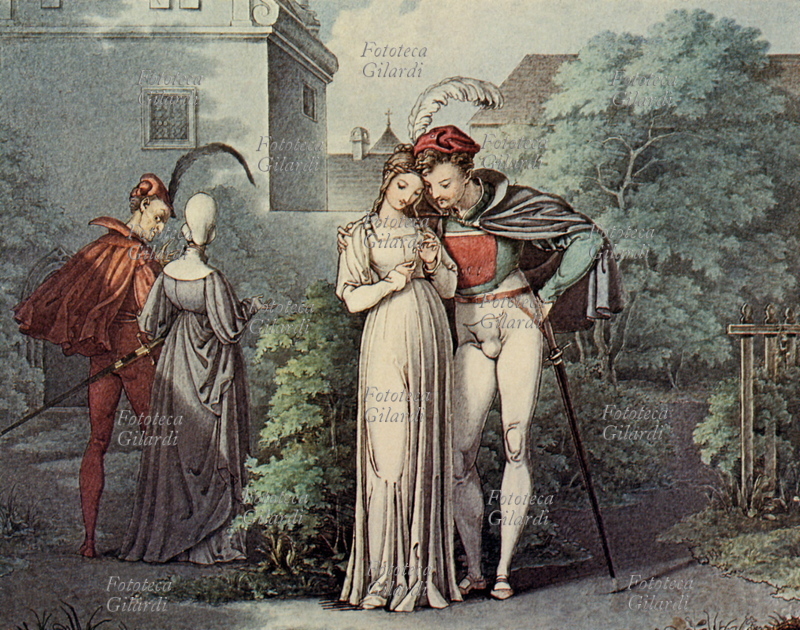 Johann Wolfgang GOETHE (28 agosto 1749 – 22 marzo 1832) Faust e Margherita. Sullo sfondo del giardino, Mefistofele e Marta. Illustrazione per un\