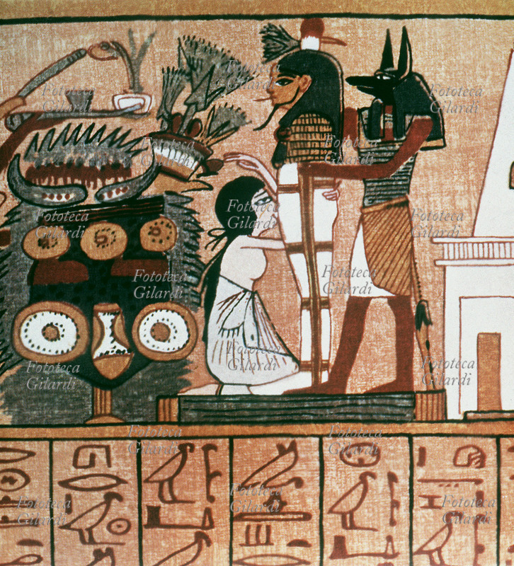 ANCIENT EGYPT ritual Egyptian: Iside revives makes it of its Osiride spouse while Anubis supports it. It tells the myth that Osiride, beneficial king, were killed by the Seth brother that made it pieces and it threw it in the Nilo; the spouse and Iside sister of it recomposed the body and with magical limbs the life gave again it. Detail from the papyrus of Ani, saying also Tulli papyrus approximately 1504 - 1450 a.C.