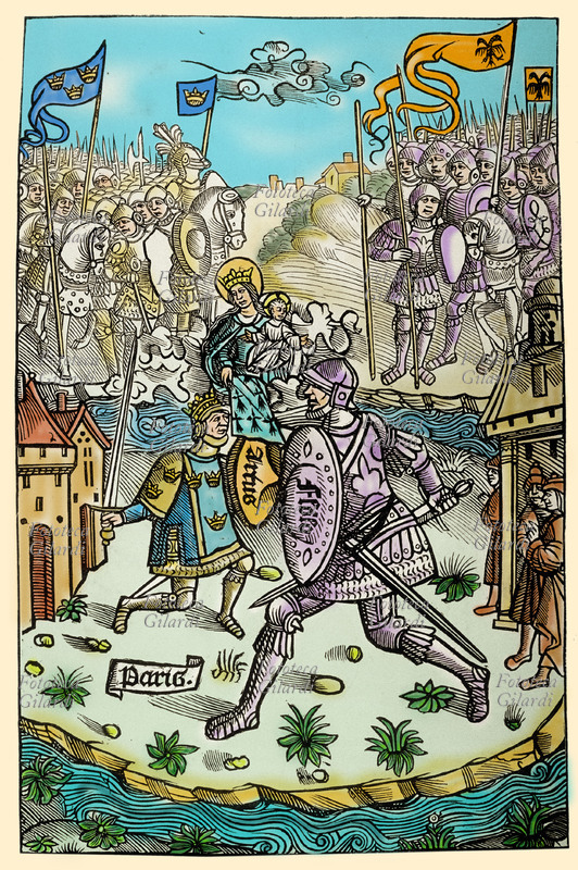 RE ARTÙ combatte a Parigi contro un gigante, sotto la protezione della Vergine. Xilografia da \