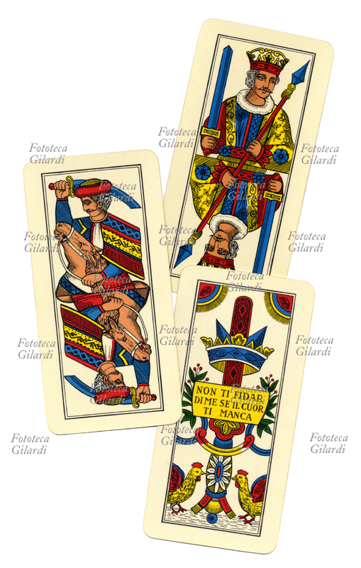 CARTE DA GIOCO TREVIGIANE le tre carte alte di Spade: Asso, Re, Cavallo. L\