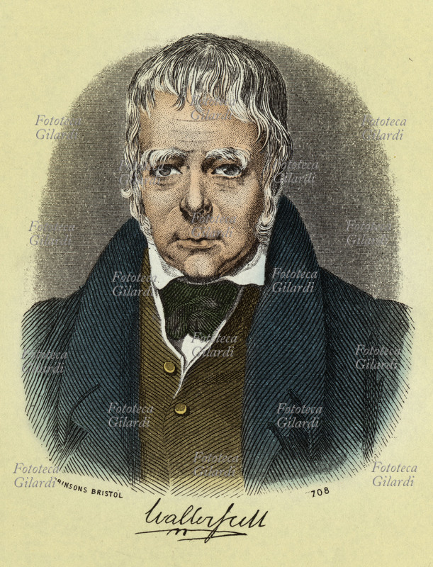 Walter SCOTT (15 agosto 1771 - 21 settembre 1832) Scrittore scozzese, ritratto con autografo. Incisione colorata di Robinson Bristol XIX secolo.