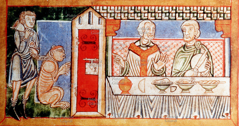 Saint Boniface and SAINT FORTUNATO to table; first he orders to the second, its disciple, to make the elemosina to the poor one in front of the door. Miniature from “Converses” in Latin of S. Gregorio Magno, second half of XII the century.
