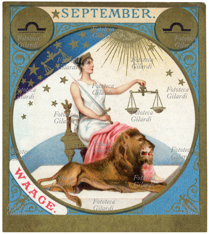 ZODIACO bilancia; cartoncino del mese di settembre da una serie in lingua tedesca, illustrata con i segni zodiacali e scene dalla mitologia classica. Cromolitografia, 1897