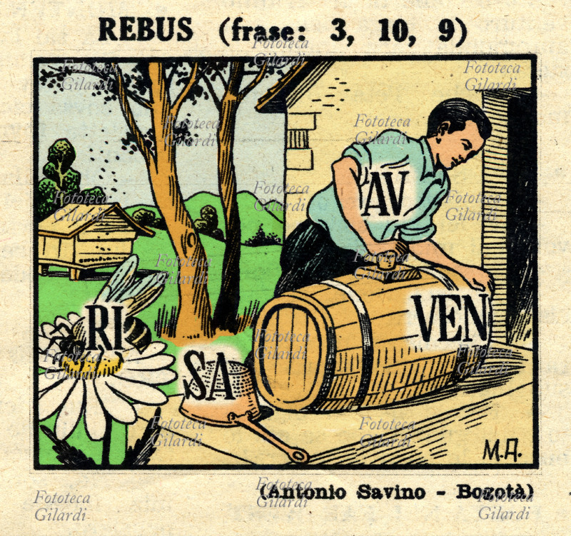 GIOCHI Rebus (frase: 3,10,9) RI SA AV VEN . Rebus firmato Antonio Savino - Bogotà, pubblicato sul settimanale illustrato "La Domenica del Corriere", Italia 1961