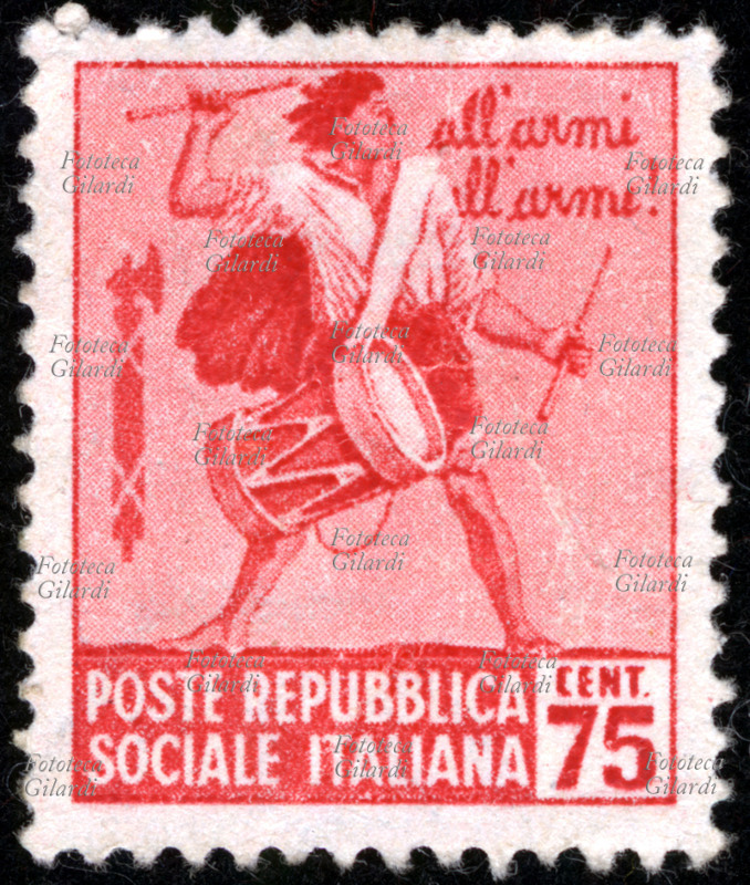 FASCISMO Francobollo delle Poste Repubblica Sociale Italiana; nella vignetta: il fascio e un eroico tamburino giovane e scalzo, la faccia al vento, che esorta "all\