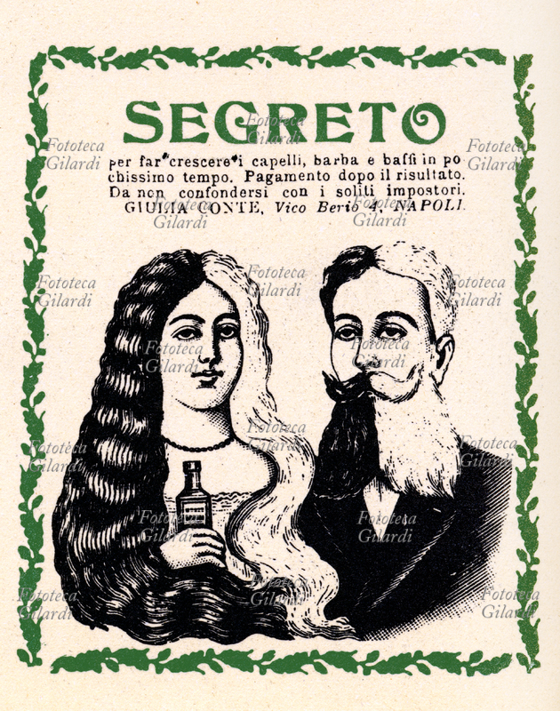 CAPELLI Curioso avviso pubblicitario che promette una rapida crescita di capelli, barba e baffi. L\