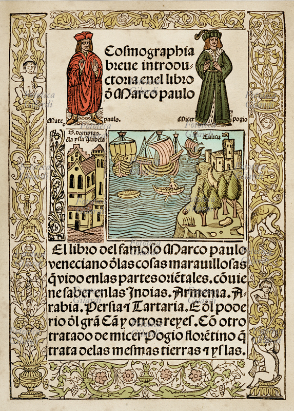 Marco POLO (1254-1324) Il Milione, frontespizio molto illustrato della edizione del Santaella, 1503
