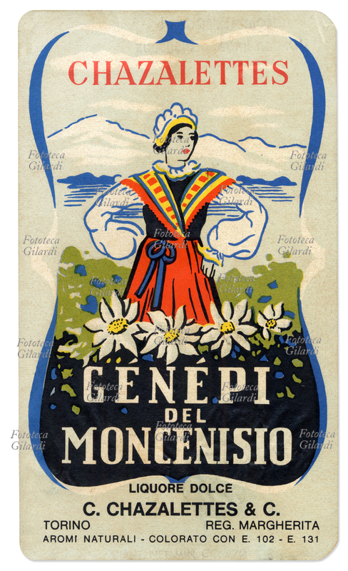 GENEPI del Moncenisio, liquore dolce. C. Chazallettes & C. Etichetta del liquore, su cui è raffigurata una donna in costume tradizionale in un prato fiorito di stelle alpine, sullo sfondo montagne innevate. Torino, 1950 circa.