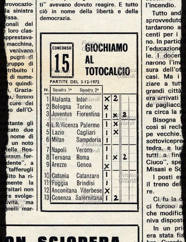 TOTOCALCIO concorso pubblico a premi abbinato ai pronostici del campionato di calcio italiano, ideato dal giornalista Massimo Della Pergola (1912 – 2006) e lanciato nel 1946 dalla società SISAL, dal 1948 è gestito direttamente dal CONI. \