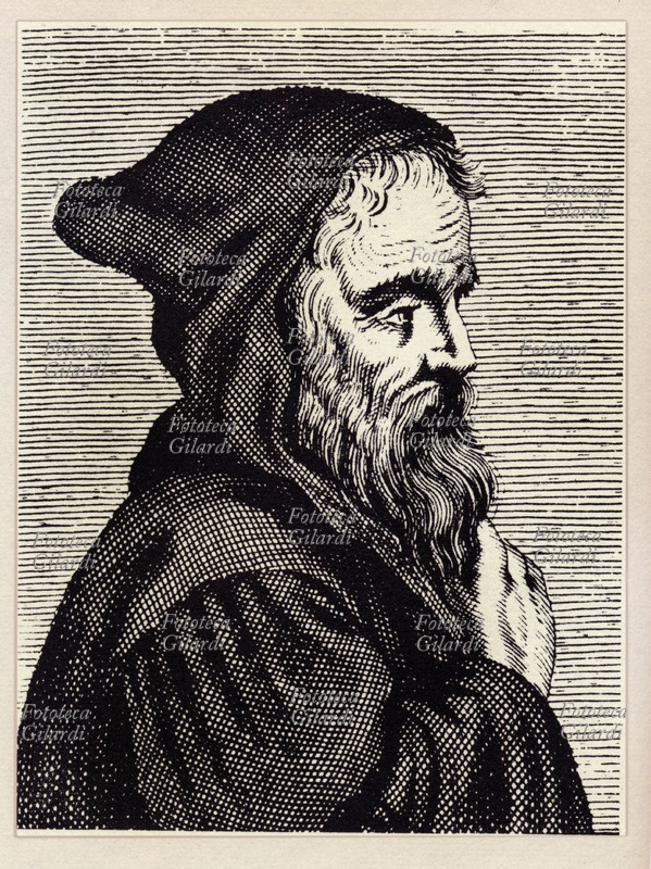 EMPEDOCLE (490-435 a.C.) filosofo siciliano discepolo di Parmenide. Sostenitore della teoria dei quattro elementi. Incisione, XVI secolo