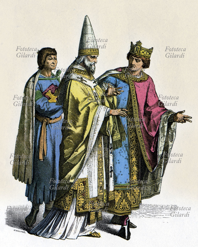 STORIA DELLA CHIESA servo, Papa romano con mitra a cono e re del XII secolo. Dalla raccolta di tavole illustrate \