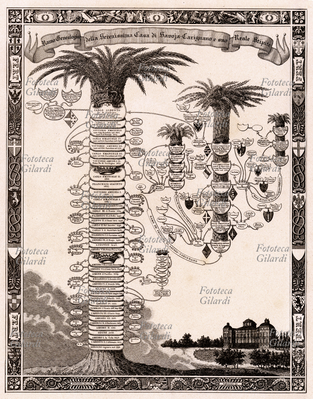SAVOIA - Albero genealogico della Serenissima Casa di Savoia-Carignano. Incisione del 1840