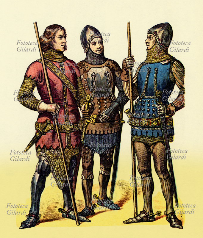 GUERRIERI tedeschi, XIV secolo. Da sin. Conte di Orlamunde, Conte di Katzenellebogen, Heinrich zu Seinsheim. Stampa dalla raccolta di tavole illustrate \