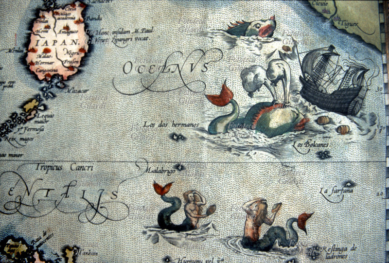 MOSTRI e cartografia. Dettaglio di una mappa geografica della prima metà del XVI secolo, raffigurante le acque dell\