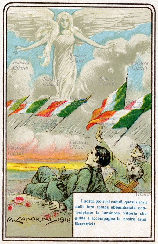 PRIMA GUERRA MONDIALE "I nostri gloriosi caduti, quasi risorti nelle loro tombe abbandonate, contemplano la luminosa vittoria che guida e accompagna le nostre armi liberatrici!" Cartolina postale della serie "Propaganda Nazionale de "L\