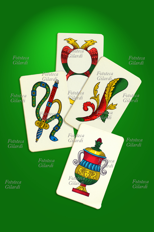 CARTE DA GIOCO NAPOLETANE i quattro assi: spade, ori, bastoni e coppe. Italia, 1980 circa.