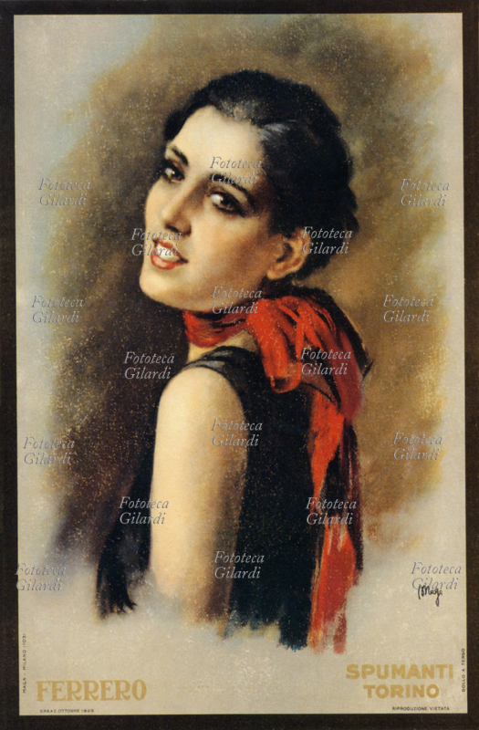 PUBBLICITÀ per gli spumanti Ferrero. Una giovane donna con la sciarpa rossa si gira per guardare l\