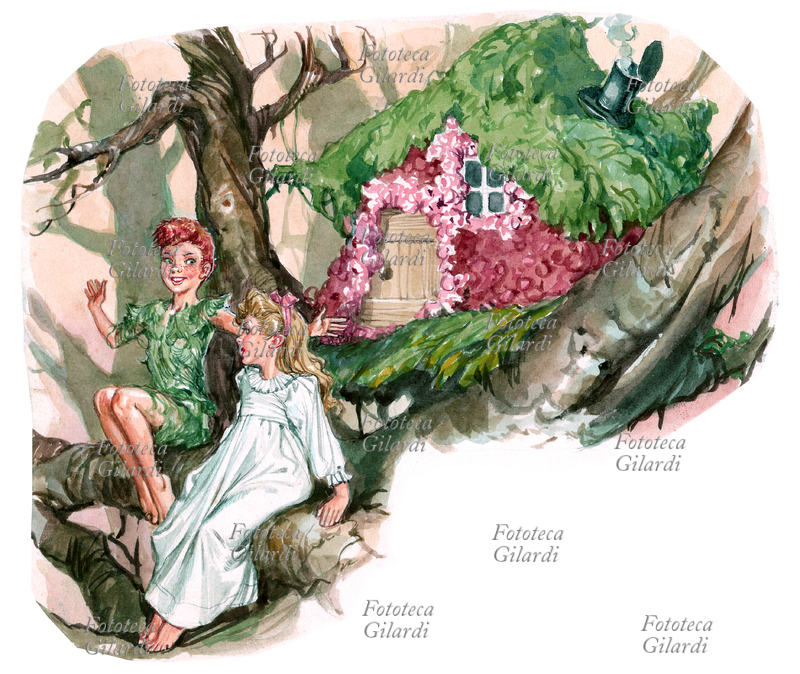 James Mattew BARRIE (1860-1937) Peter Pan e Wendy davanti alla casa di Peter - illustrazione di Libico Maraja (1912-1983) pittore, disegnatore e illustratore, per i racconti \