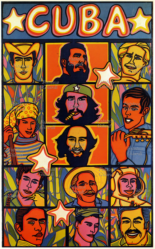 RIVOLUZIONE CUBANA Manifesto di R. Martinez con illustrati personaggi iconici e del popolo cubano negli anni della Rivoluzione. Cuba, 1960 - 1968.