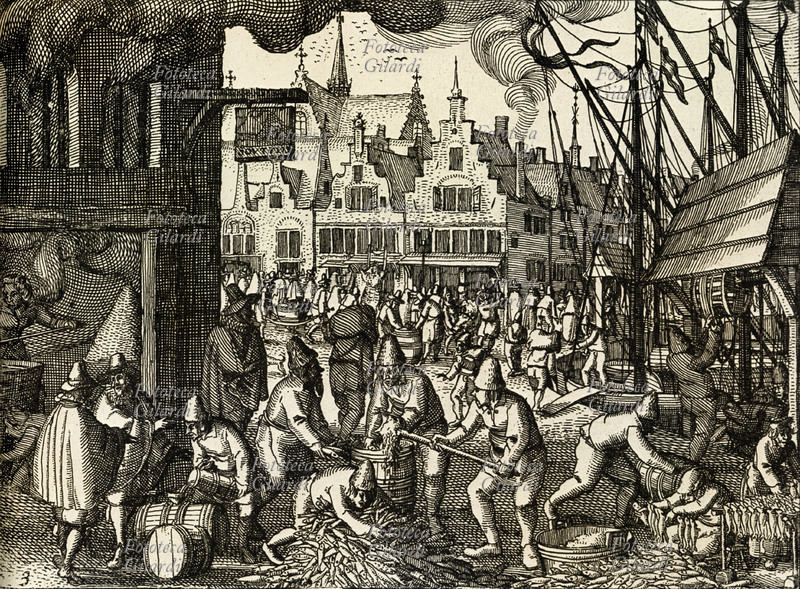 COMMERCIO Olanda, la salatura delle aringhe. Decoro ai margini di una carta geografica di Claes Jansz, 1608