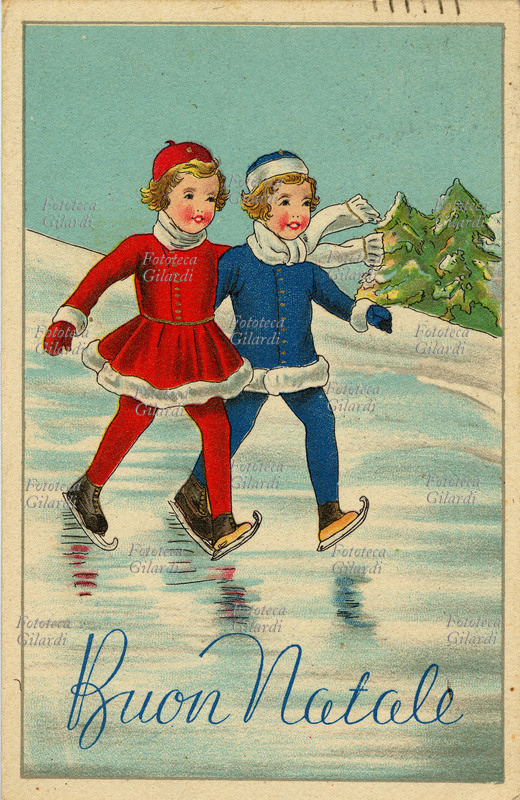 BUON NATALE due bambine lo augurano pattinando sul ghiaccio allegramente. Cartolina augurale cromolitografica, Italia 1933.