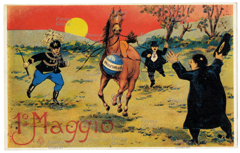 STORIA DEL MOVIMENTO OPERAIO Un cavallo raffigurante il proletariato sfugge alla sottomissione del prete, del militare e del capitalista. Cartolina postale commemorativa per il 1° Maggio 1913
