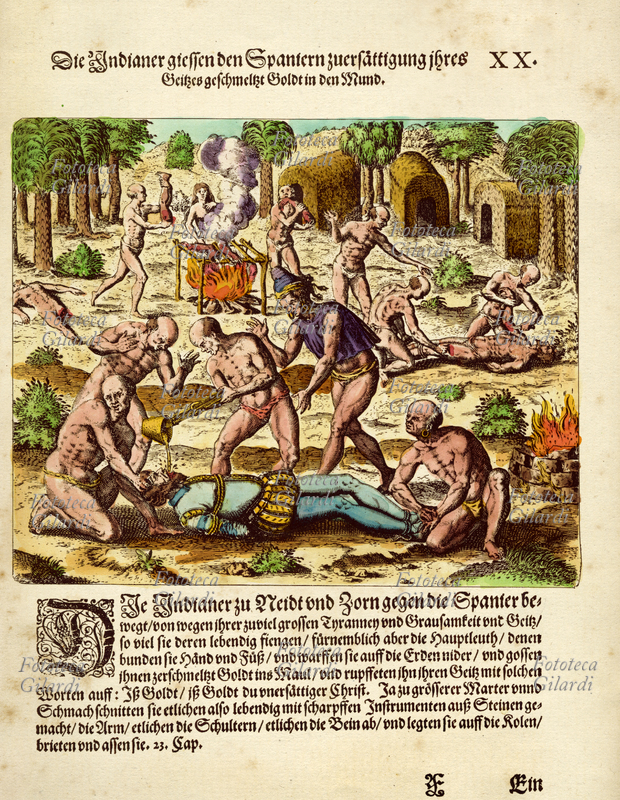 CANNIBALISMO America del sud, conquistatori spagnoli catturati dagli indigeni vengono sottoposti a torture. In secondo piano si arrostiscono e mangiano membra umane. Da \