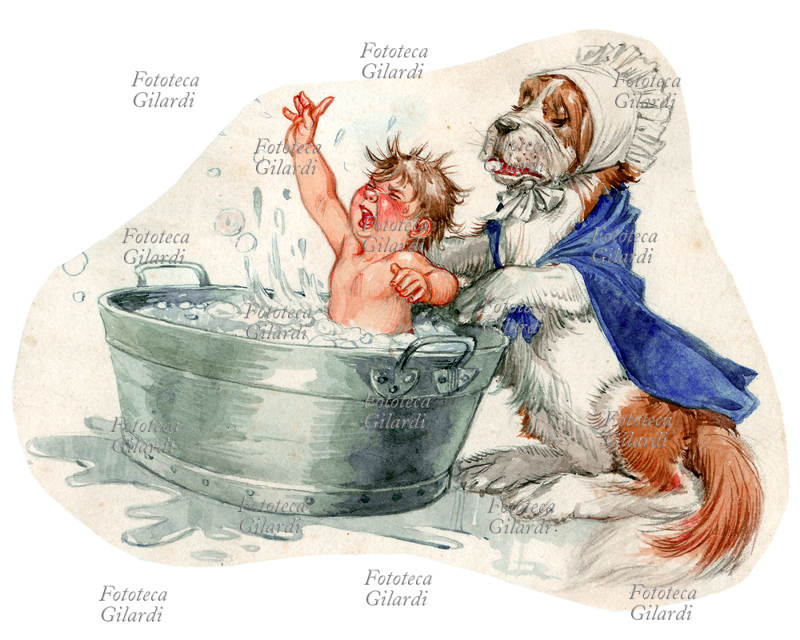 James Mattew BARRIE (1860-1937) La tata Nana, tipica bambinaia inglese, fa il bagnetto a Gianni - illustrazione di Libico Maraja (1912-1983) pittore, disegnatore e illustratore, per i racconti \