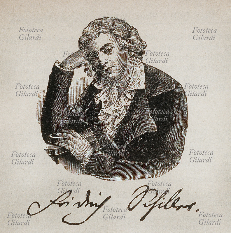 Friedrich SCHILLER (10 novembre 1759 - 9 maggio 1805) ritratto e autografo del poeta, storico e drammaturgo tedesco. Incisione dal frontespizio di un\