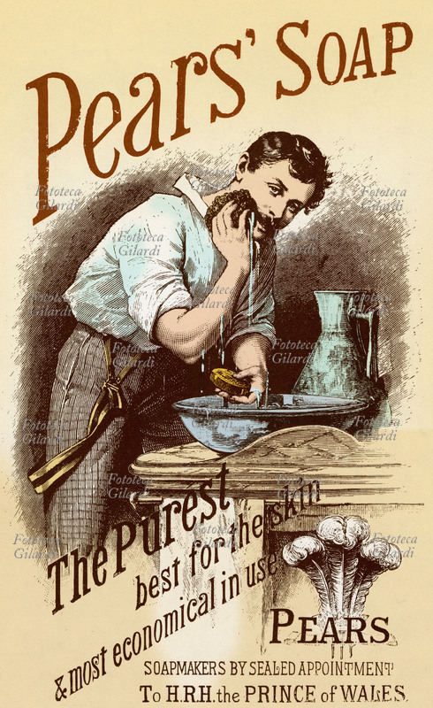 BAGNO Un uomo si lava il viso in camera, in un catino affiancato dalla brocca. Pubblicità americana, per il sapone Pears. Inizio XX secolo