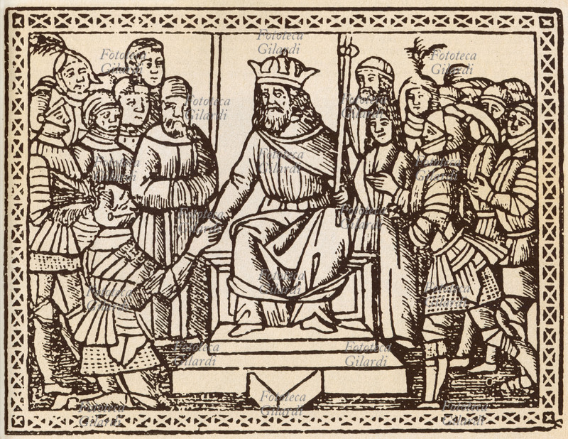 ANDREA DA BARBERINO (1379 circa -1431 circa) Incontro di Guerrin (o Guerin) Meschino con il re padre Milone in conclusione di tutte le avventure. Xilografia da \