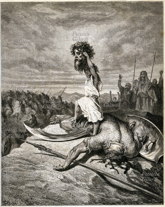 BIBLE David Victorious over Goliath (I Samuel 17: 49-51). Engraving from the Bible illustrated by Gustave Doré, nineteenth century.