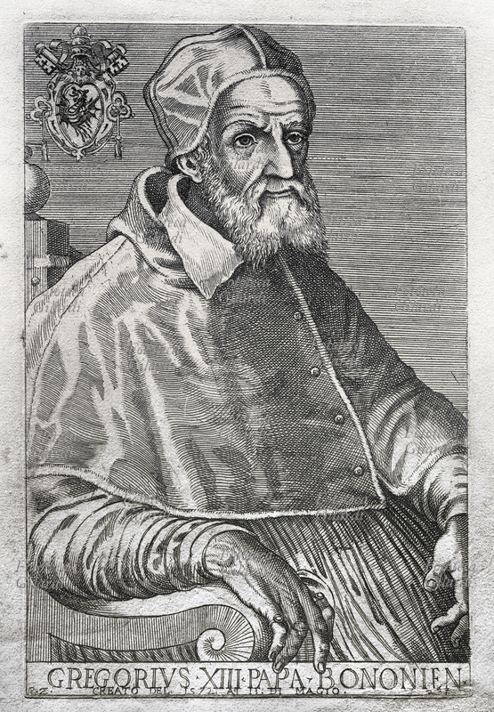 PAPA GREGORIO XIII, al secolo Ugo Boncompagni (1502-1585) nato a Bologna, eletto nel 1572. Riformò il calendario. Ritratto, incisione XVI secolo.