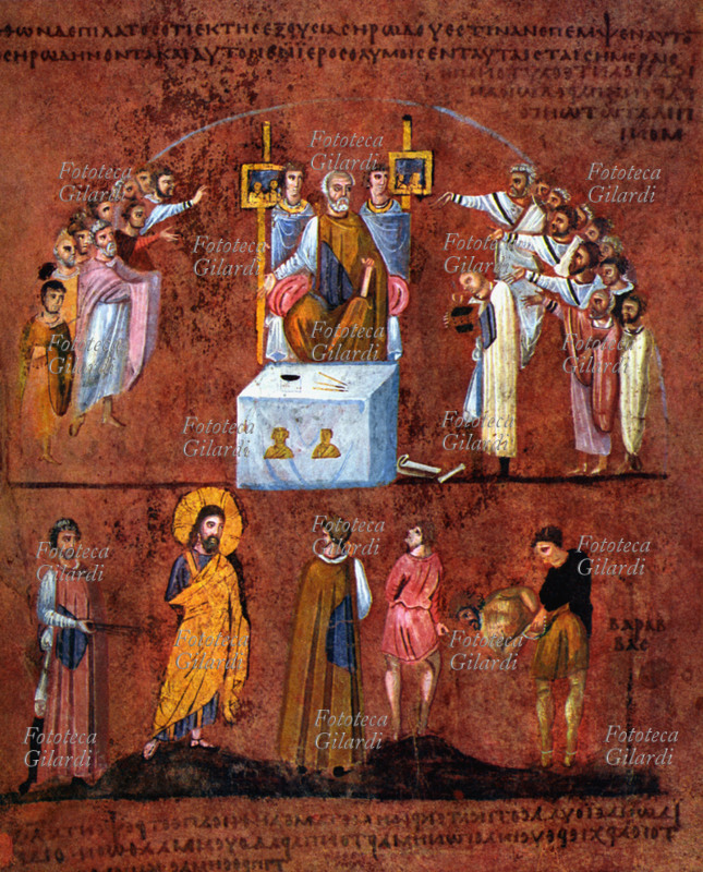 ARTE BIZANTINA Pilato propone agli Ebrei di scegliere fra Cristo e Barabba. Foglio miniato tratto dall\