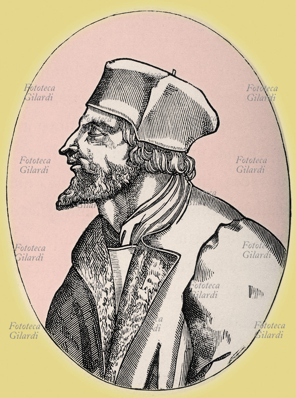 Jan HUSS (1369-1415) teologo boemo, sostenitore delle dottrine di Wycliffe, si recò per difenderle al Concilio di Costanza con salvacondotto imperiale, ma fu arrestato e bruciato vivo come eretico. Xilografia XVI secolo.