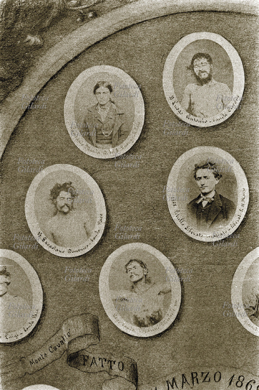BRIGANDS Portraits of the brigands: Capitanio Maria, Antonino Place (band Ciccone), Savastano Domenico (band Peace), Freed Petrillo, Ringleader Marine Michele. Detail from Fotomontaggio for a triumph fotografico\