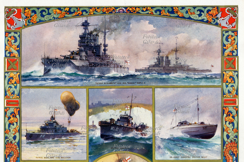 PRIMA GUERRA MONDIALE Navi da Guerra della Marina Britannica che hanno combattuto nella I Guerra Mondiale: Queen Elizabeth, motovedetta con mongolfiere aquilone, lancia a motore, barca a motore costiera da 35 nodi. Fotolitografia da dipinti di C.E. Turner, album commemorativo, Regno Unito 1935.