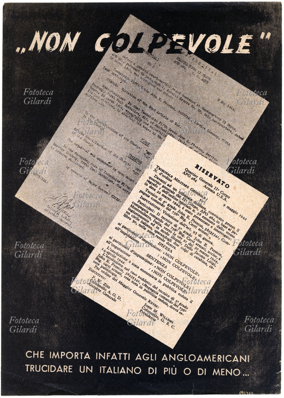 RSI PROPAGANDA "Non colpevole", manifestino fascista riportante la sentenza assolutoria di un tecnico americano per la presunta uccisione di un civile italiano. Sul dritto (#39180), notizia de "L\